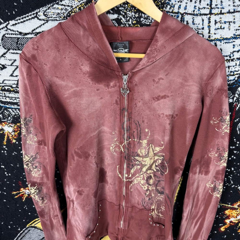 Sledge USA Womens Y2K Thermal Zip Up Hoodie Acid Wash Graphic Gold Foil Large